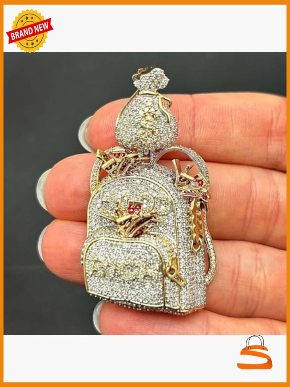 Natural Diamond 10K Yellow Gold Backpack Pendant Necklace 2.6" - Picture 4 of 5